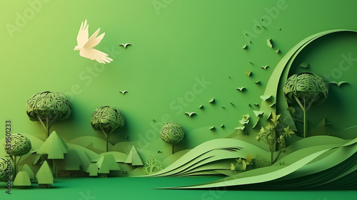 Paper art of green ecology and energy saving for environment conservation concept landing page website template background. 