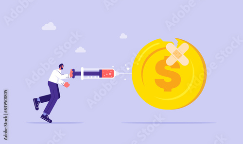 Economic stimulus, monetary policy in economic in financial crisis or economic recession, Businessman carrying syringe of money medicine to inject broke dollar coin