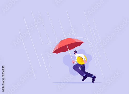 Protection or defensive stock in economy crisis or market crash concept, businessman carrying dollar coins and umbrella to cover and protect from business crisis, escape or avoid investment risk