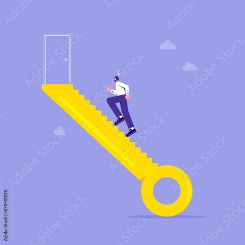 The key to success, unlock the achievements of any business or career path, businessman climbing up stairs to reach and open door on top leading to success or victory