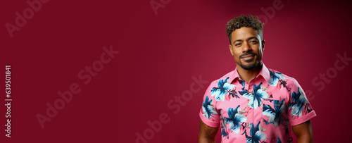 Horizontal banner of dreamy handsome barbie ken doll man, boy with blonde hair and charming smile, looking straight into the camera. Empty space place for text, copy paste. Barbie trend. Generative AI