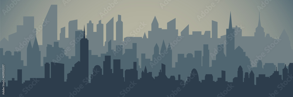 City silhouette. Silhouette of the city in dark colors with a slight glow. Flat vector illustration.
