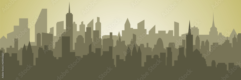 City silhouette. Silhouette of the city in yellow and light colors with a glow in the sky. Flat vector illustration.