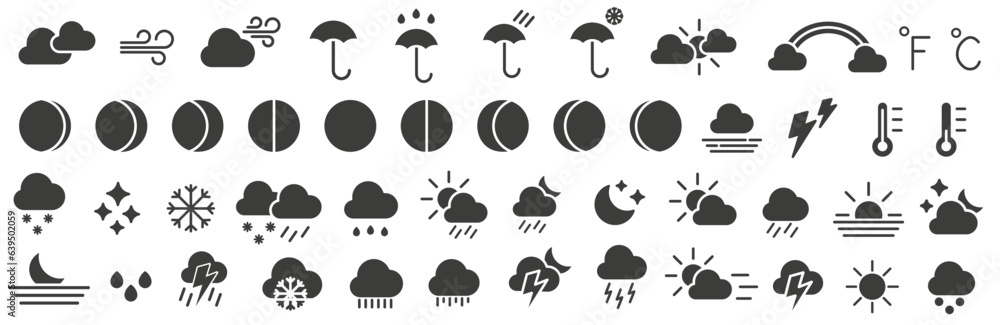Fototapeta premium Set of dark hollow weather forecast icons. Weather forecast. Weather. Vector illustration.