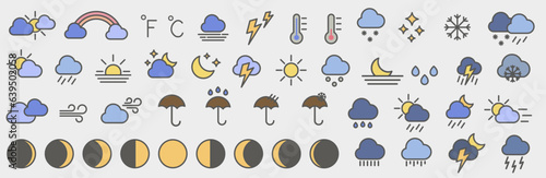 Set of colored bright weather icons with stroke. Weather forecast. Weather. Vector illustration.