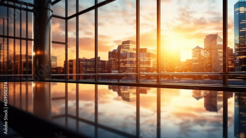 modern office room with sunset  light and bokeh  tower view background. 