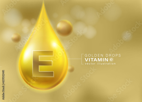 Golden yellow vitamin E water droplets Isolated gold background page vitamins that are important to the body, advertising media, dietary supplements, cosmetics, multivitamins, fish oil, omega.