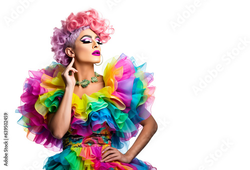Drag Queen in a colorful dress on white background. Concept of trans or pan people and the LGBT++ movement.