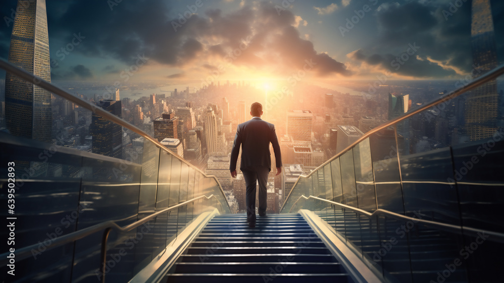 Businessman walk standing on top of stairs. Concept of success career, way up climb top building. Corporate mission job ladder. Achievement and focus to goal, leadership and success. Businessman walk standing on top of stairs. Concept of success career, way up climb top building. Corporate mission job ladder. Achievement and focus to goal, leadership and success.