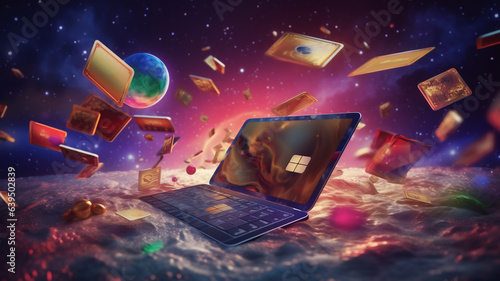 e commerce online store. Shopping cart and laptop computer with beautiful light bokeh on the background, celebration, holiday gift, promotion and special offer, e-commerce advertising concept.