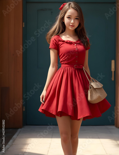 Beautiful woman in dress Red dress with bag