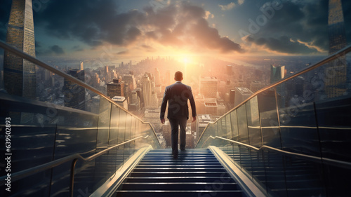 Businessman walk standing on top of stairs. Concept of success career, way up climb top building. Corporate mission job ladder. Achievement and focus to goal, leadership and success.