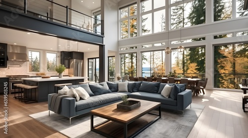 Beautiful living room interior in new luxury home with open concept floor plan. Shows kitchen, dining room, and wall of windows with amazing exterior, Generative AI © Lucky Ai