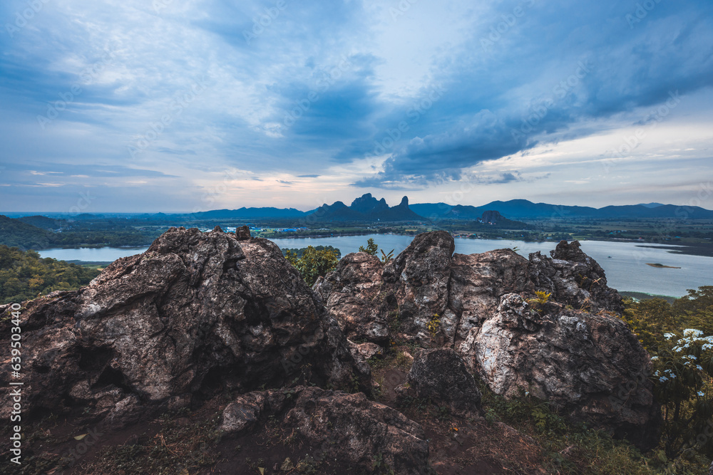 Landscape of mountain and lake in sunset at Phu Sub Lek Reservoir viewpoint Lopburi Thailand