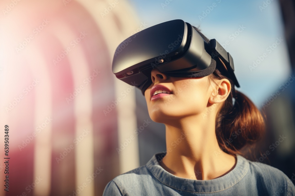 Woman girl student user computer technology female wearing VR headset virtual reality goggles exploration metaverse modern advanced tech future progress playing cyber game experience gaming outdoors Woman girl student user computer technology female wearing VR headset virtual reality goggles exploration metaverse modern advanced tech future progress playing cyber game experience gaming outdoors