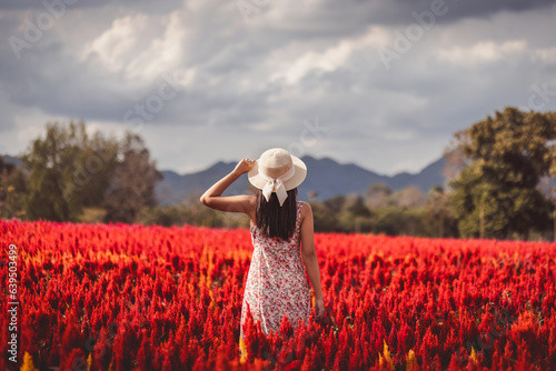 Photography Traveler asian woman travel in flower garden at Khao Yai Thailand
