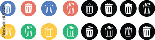 blue, orange, yellow, green and black Bin icon set. Trash can collection. Trash icons set. Web icon, delete button. stroke pictogram Delete symbol flat style isolated on white background .