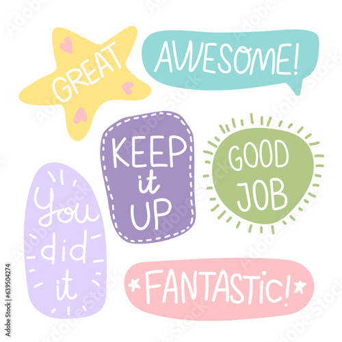 Job and great job stickers logo. Student icon. School reward, encouragement sign, stamp. Educational kids design. Vector illustration.
