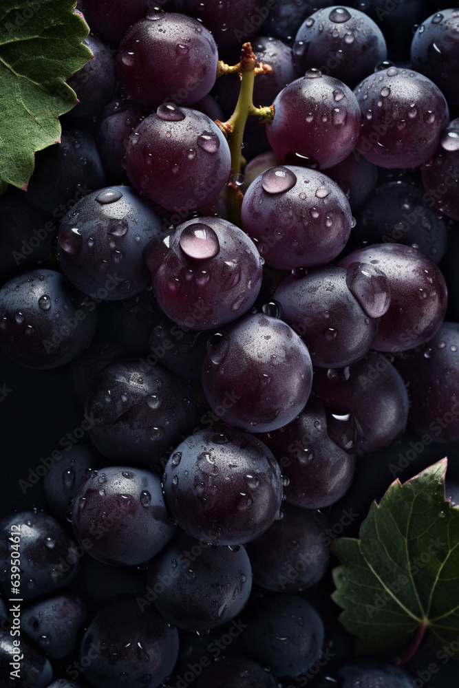 Fototapeta premium Top down view of fresh red grapes with drops of water
