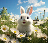 Cute white rabbit sitting in the meadow with daisies. created by generative AI technology.