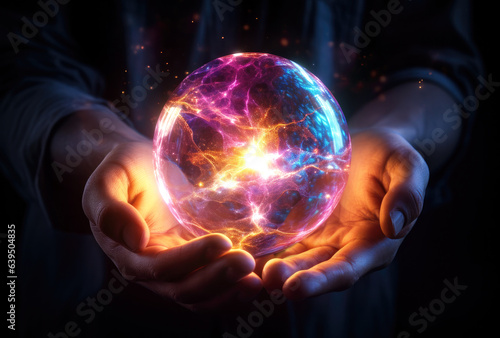 Close up of man holding in palms glowing earth planet. created by generative AI technology.