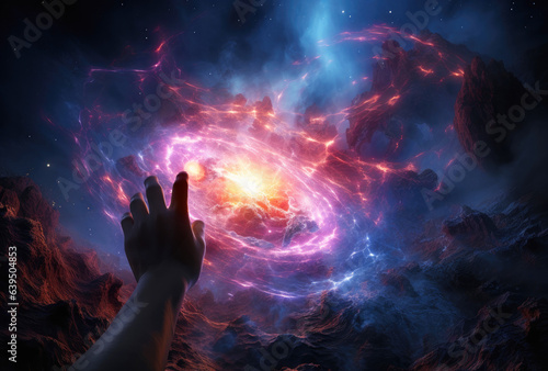 Close up of human hand touching abstract galaxy background. created by generative AI technology.