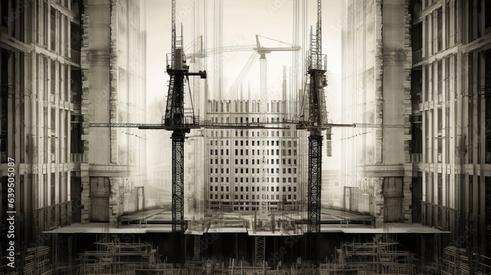 construction of a modern residential building. Black and white photo.