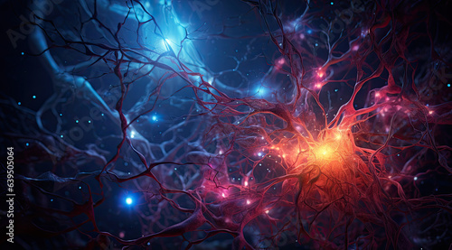 neuron cell and neurons in connection with glowing light. created by generative AI technology.