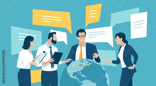 The team stands by the globe and discusses matters concerning the planet. Global trade, investing, ecology. Business vector illustration.