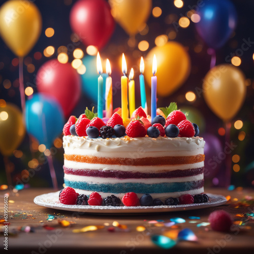 Birthday cake with 7 candles in rainbow colors on a blurred background of festive colors.