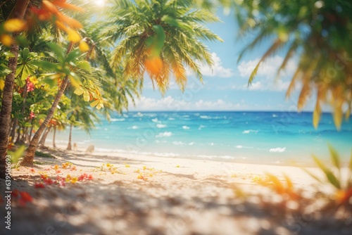 Beautiful background for summer vacation and travel. Golden sand of tropical beach, blurry palm leaves and bokeh