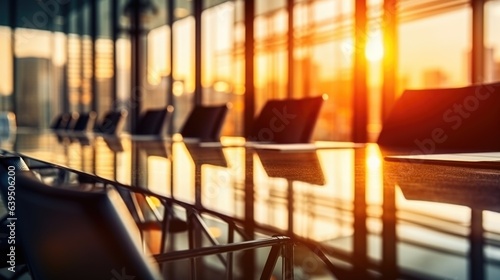 modern office room with sunset, light and bokeh, tower view background. 