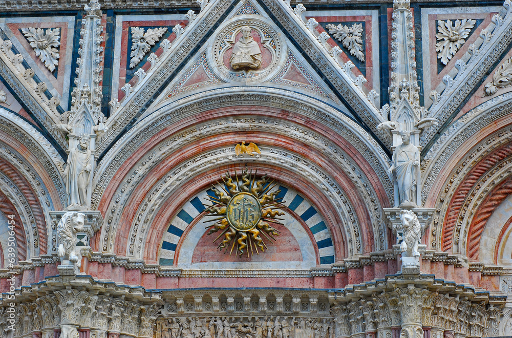 Detail of the magnificently decorated Duomo of Siena. Tuscany Italy