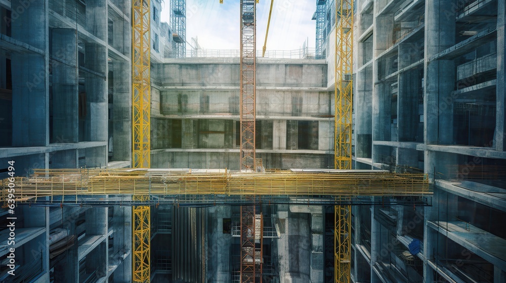 Double exposure of construction site with crane and building under construction with cityscape