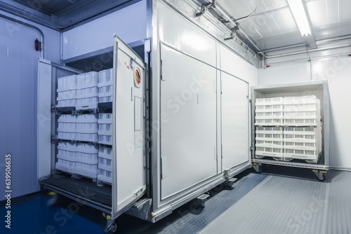Warehouse freezer with refrigerated container, equipment, and racks. Generative AI