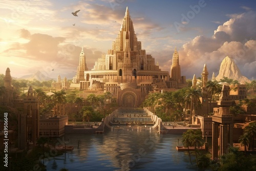 An ancient city called Babylon, featuring the iconic Tower of Babel and lovely residential structures. It holds biblical significance. Generative AI