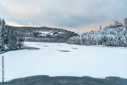 Jezioro Czernianskie in winter Beskid Slaski mountains in Poland photo