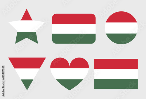 Hungary flag vector icons set of illustrations in the shape of heart, star, circle and map.