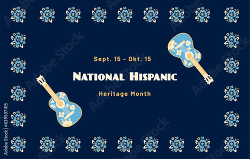 Dark blue banner with mandala flowers and guitars celebrating Sept. 15 - Okt. 15 National Hispanic Heritage Month