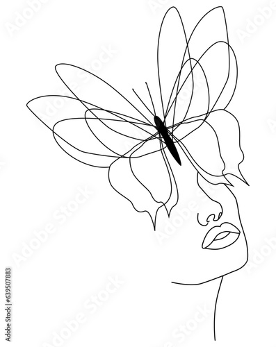 Butterfly. Butterfly face, continuous line, face and hairstyle drawing