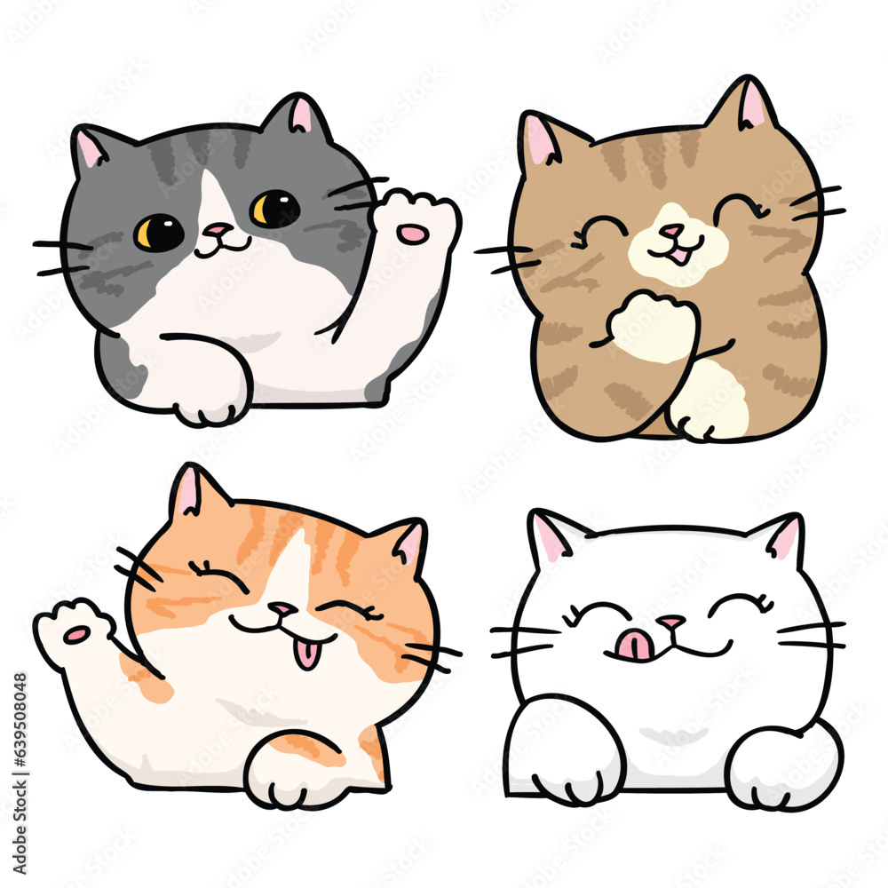 Vector Illustration of Cute Cartoon Cat Head Characters on Isolated Background