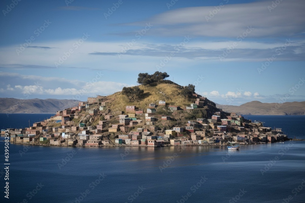 Scenic islands hover over Lake Titicaca in Puno, Peru. Generative AI