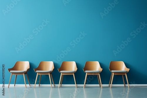 Modern chairs in a simple waiting space with a blue wall. Generative AI