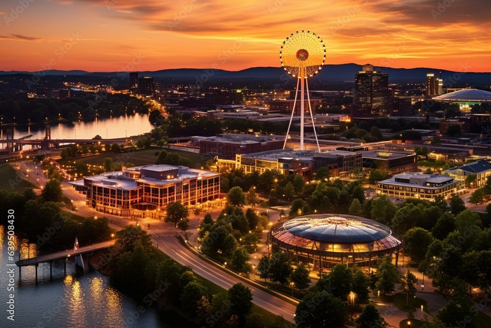 A stunning aerial view of Knoxville, Tennessee skyline at sunset, captured from above Worlds Fair Park. Generative AI - obrazy, fototapety, plakaty 