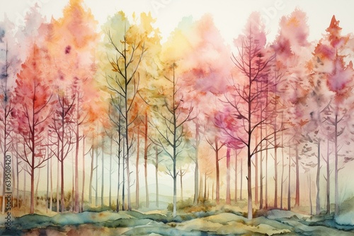 Watercolor trees create a seamless landscape. Generative AI