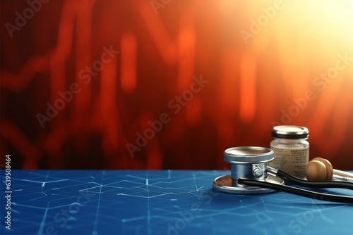 Medical insurance, stethoscope, family scene illustrate comprehensive well being on desk Generative AI