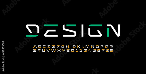 Future font, digital alphabet, thin Latin letters A-Z and Arab numerals 0-9 made in cyber design, vector illustration 10EPS