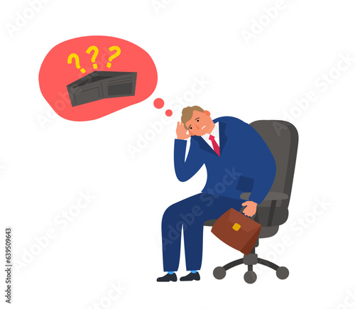 sad businessman think about empty wallet no money financial crisis poverty concept vector illustration