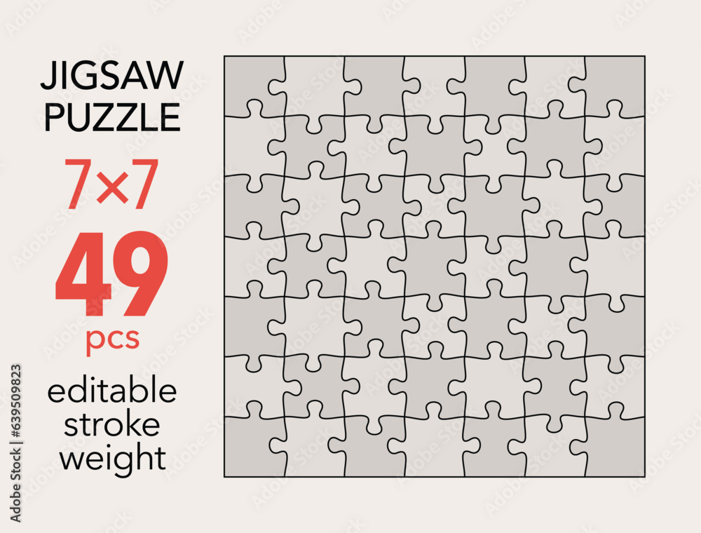 Empty jigsaw puzzle grid template, 7x7 shapes, 49 pieces. Separate matching puzzle elements. Flat vector illustration layout, every piece is a single shape. Empty jigsaw puzzle grid template, 7x7 shapes, 49 pieces. Separate matching puzzle elements. Flat vector illustration layout, every piece is a single shape.