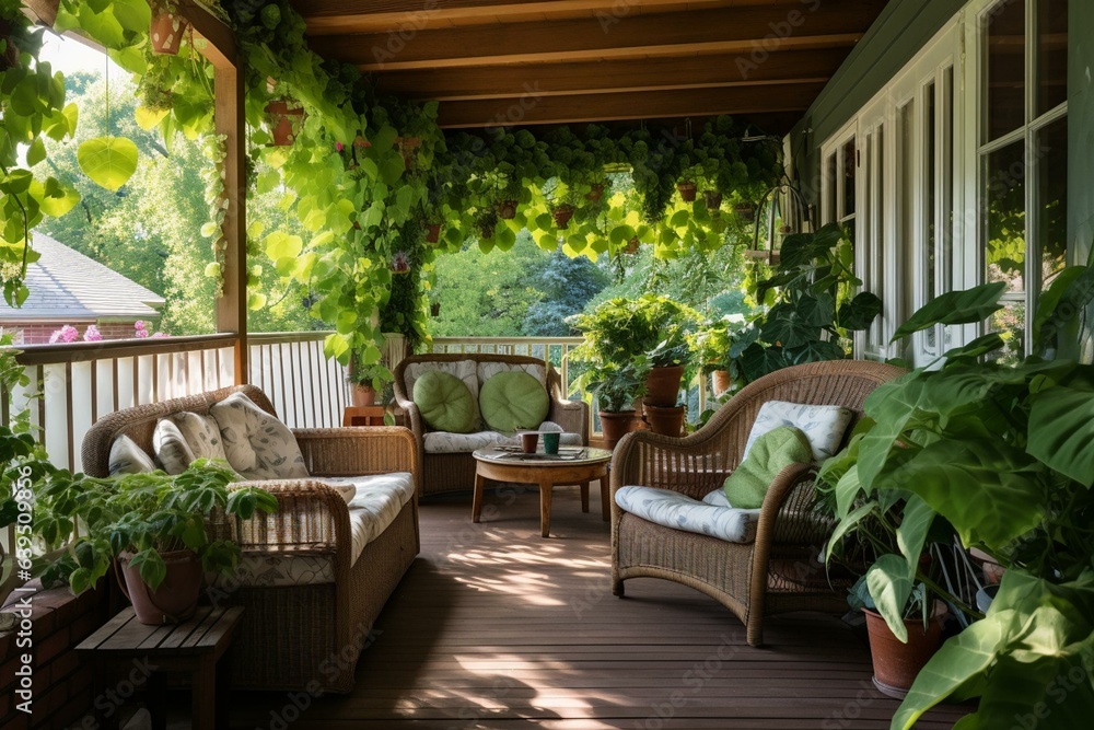 A porch with furniture and plants. Generative AI